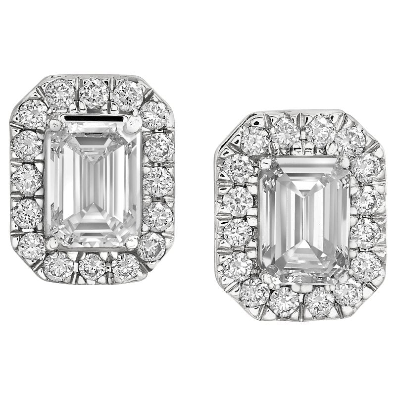 14KT Gold Lab Grown Emerald Cut Diamond Halo Studs