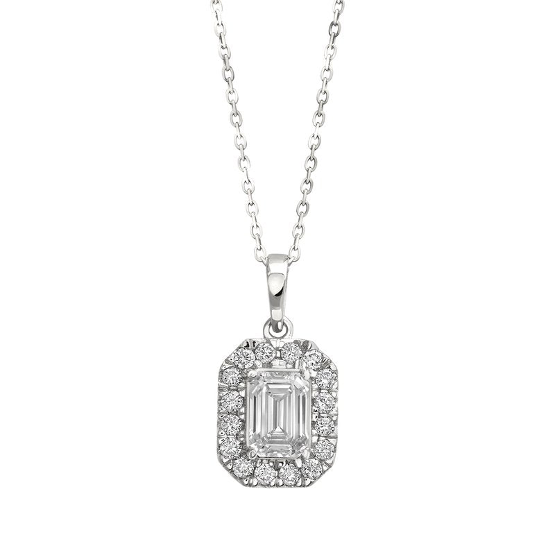 14KT Gold Lab Grown Emerald Cut Diamond Halo Pendant