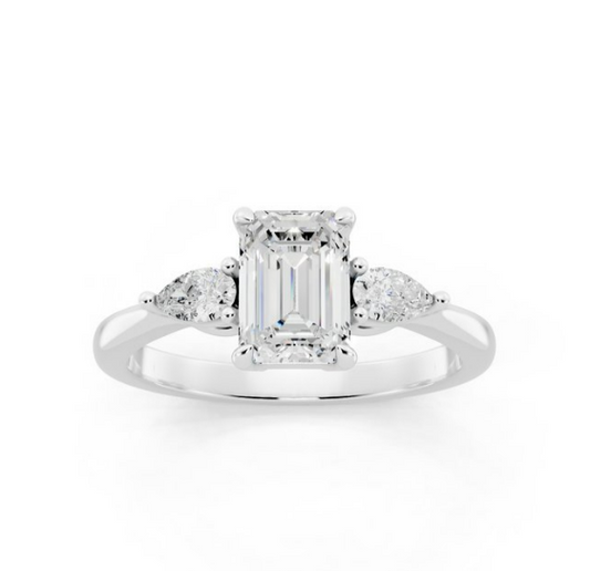 Centre Emerald Cut Lab-Grown Diamond With Petite Pear Side Stone Ring